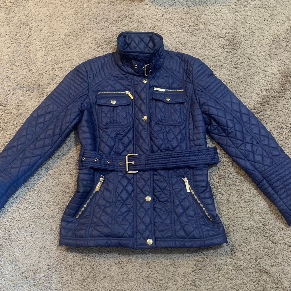 Michael Kors Navy Blue Quilted Belted Jacket Petite XS
